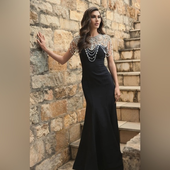 Mac Duggal 11775 Draped Pearl Beaded Mermaid Gown Black - Picture 1 of 17